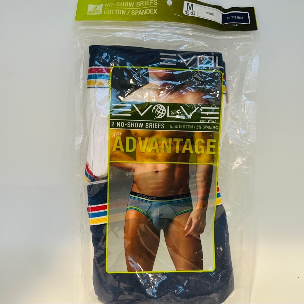 EVOLVE Men’s No Show Briefs  sz M. 32/34 White  Blue.   Cotton